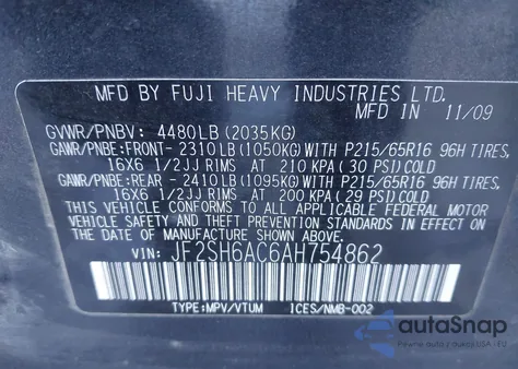 2010 Subaru Forester 2.5X from USA, damaged, VIN JF2SH6AC6AH754862